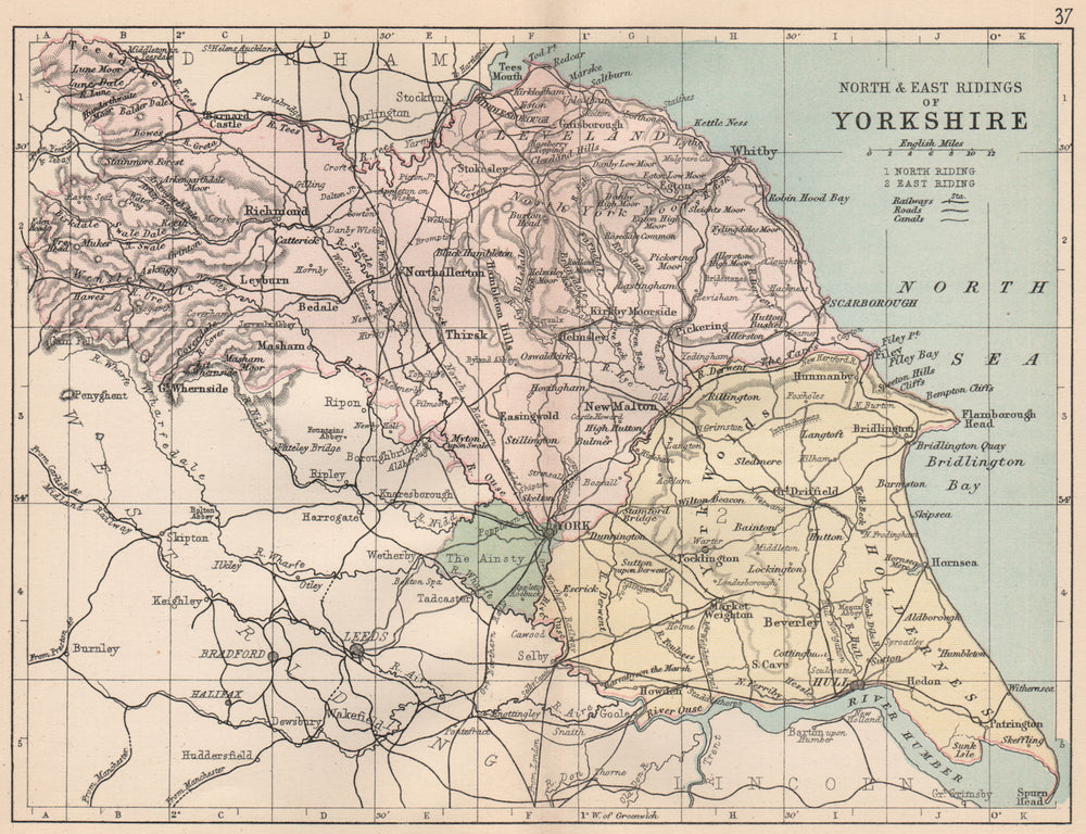 YORKSHIRE NORTH & EAST RIDINGS. County map. Railways constituencies. PHILIP 1882