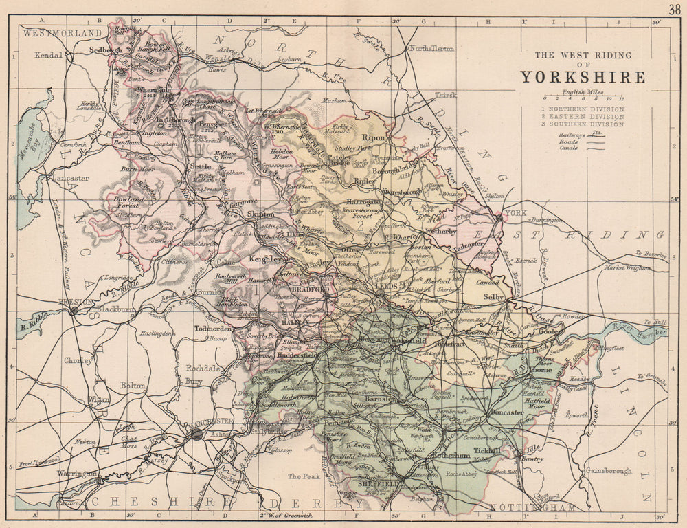 YORKSHIRE WEST RIDING. County map. Railways canals. Constituencies. PHILIP 1882