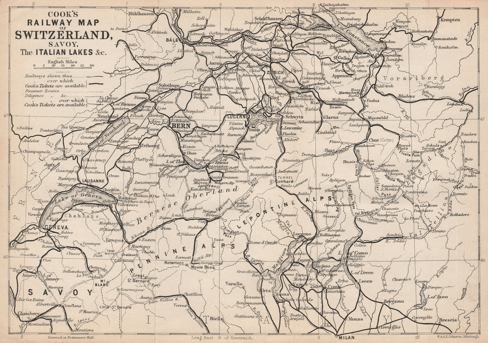 ALPS RAILWAYS. Switzerland Savoie Italian Lakes Savoy. THOMAS COOK 1900 map