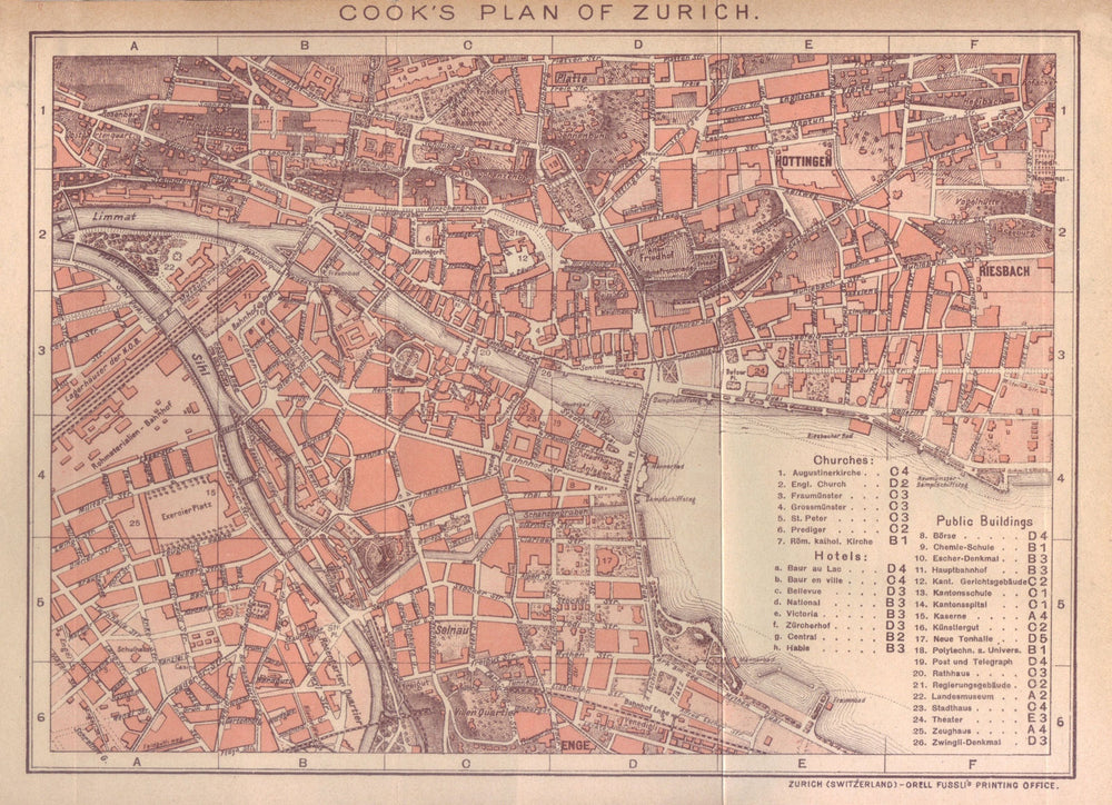 ZURICH. Vintage town plan. Switzerland. THOMAS COOK 1900 old antique map chart