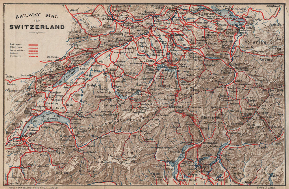 SWITZERLAND. Railway map. Postal routes. Steamers. Passes. THOMAS COOK 1900