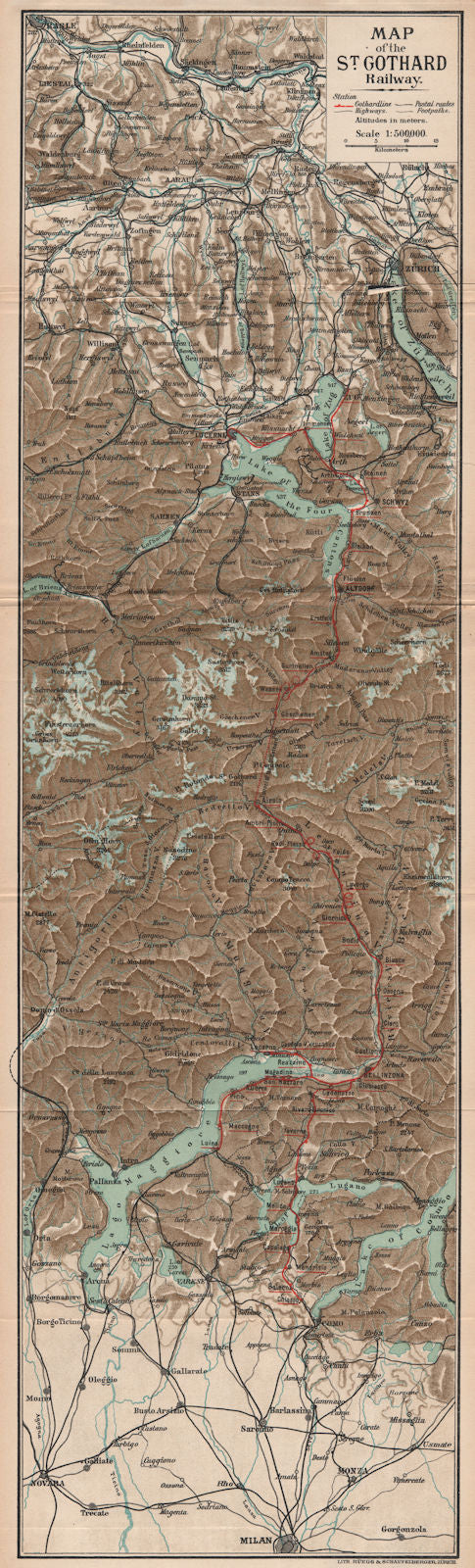 SWITZERLAND. St. Gotthard Railway map. Lucerne-Como. Alps. THOMAS COOK 1900