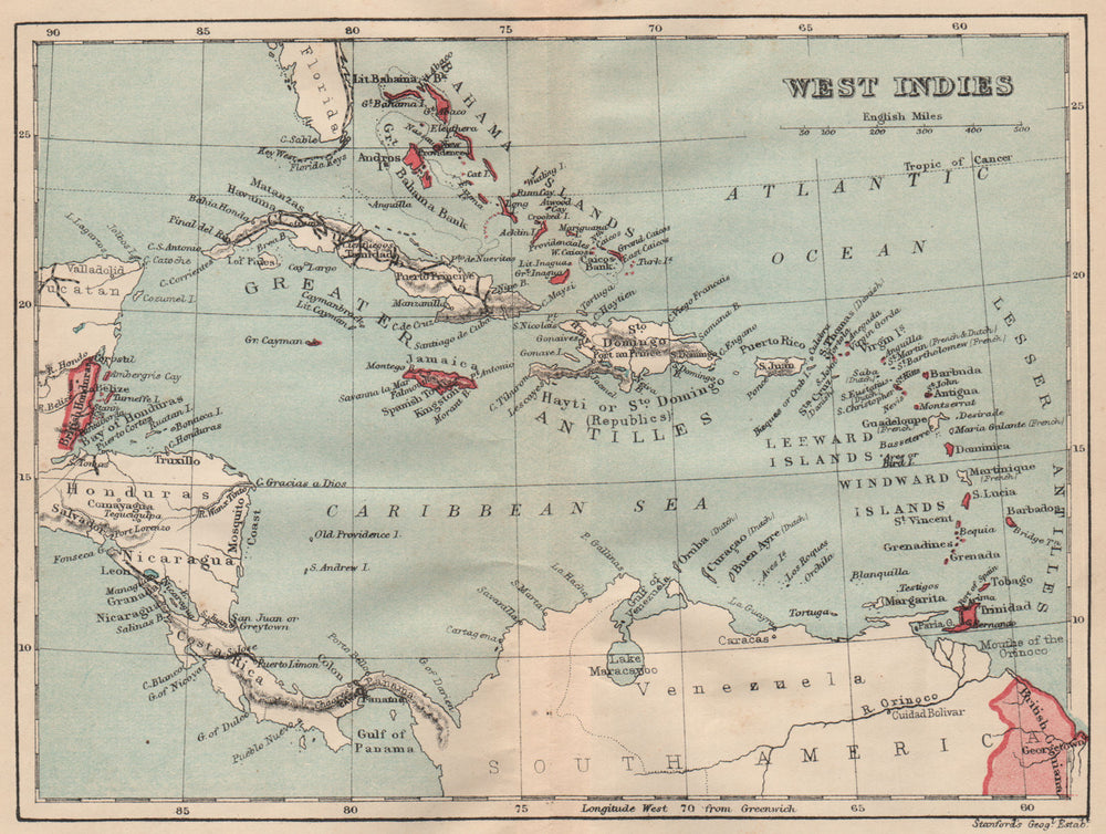 BRITISH WEST INDIES. Showing British Islands/colonies. Caribbean 1914 old map