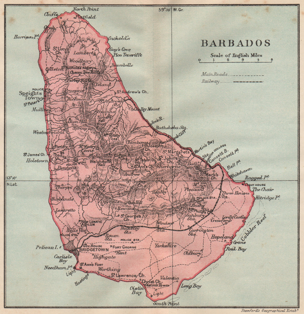BARBADOS. Vintage map. West Indies Caribbean 1914 old antique plan chart