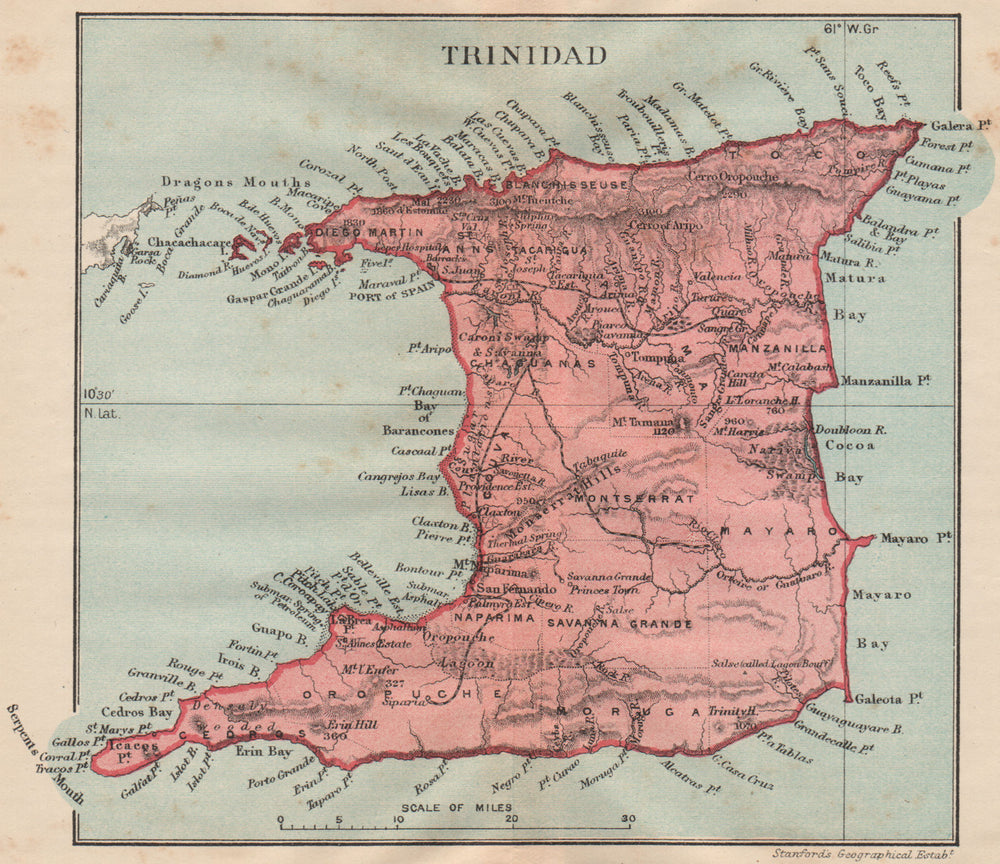 TRINIDAD. Vintage map. West Indies. Caribbean 1914 old antique plan chart