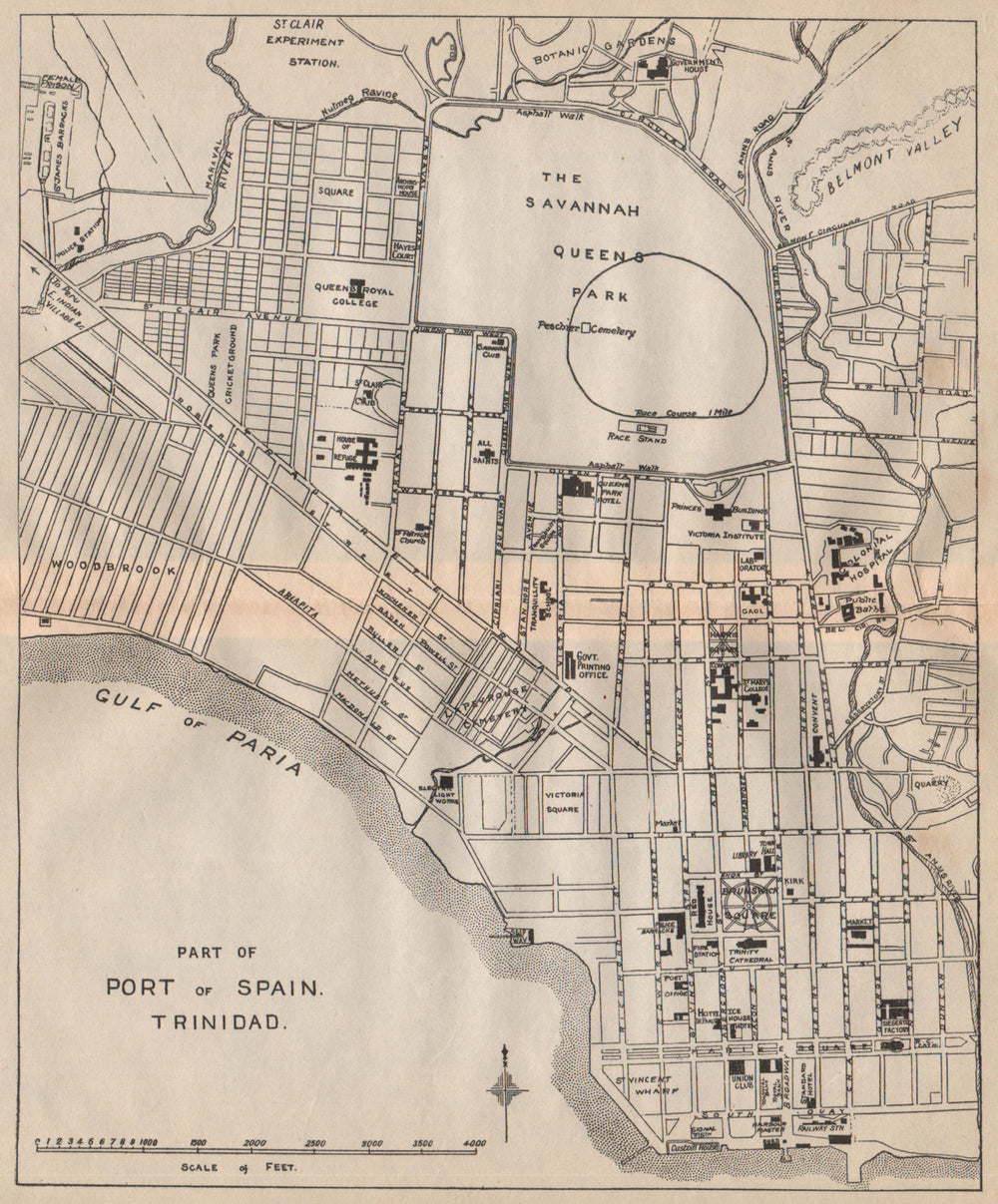 PORT OF SPAIN. Vintage map. Trinidad. West Indies. Caribbean 1914 old