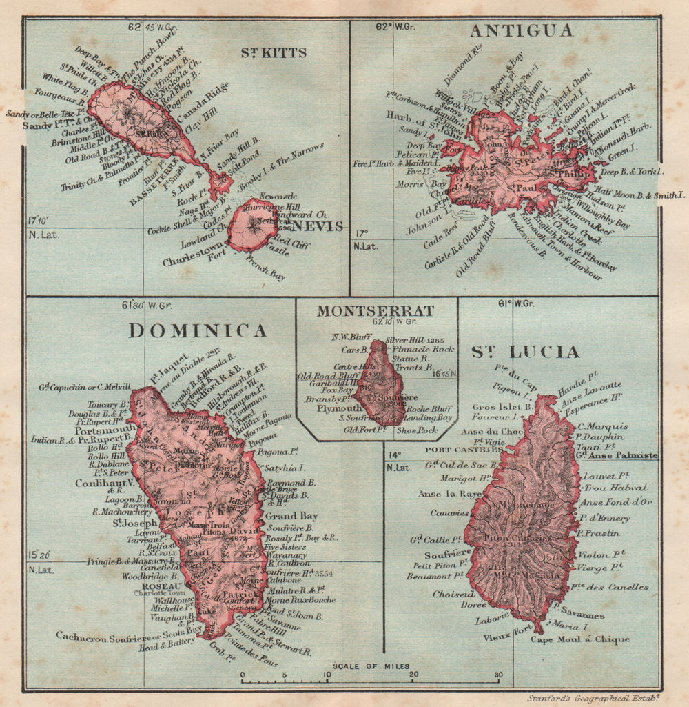 WEST INDIES. Dominica St Kitts Antigua St Lucia Montserrat 1914 old map