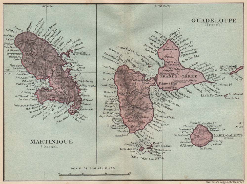 ANTILLES FRANÇAISES. Martinique Guadeloupe. French West Indies vintage map 1914