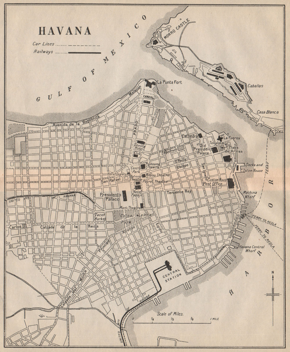 HAVANA. Vintage town plan. Railways & streetcar lines. Cuba. Caribbean 1914 map