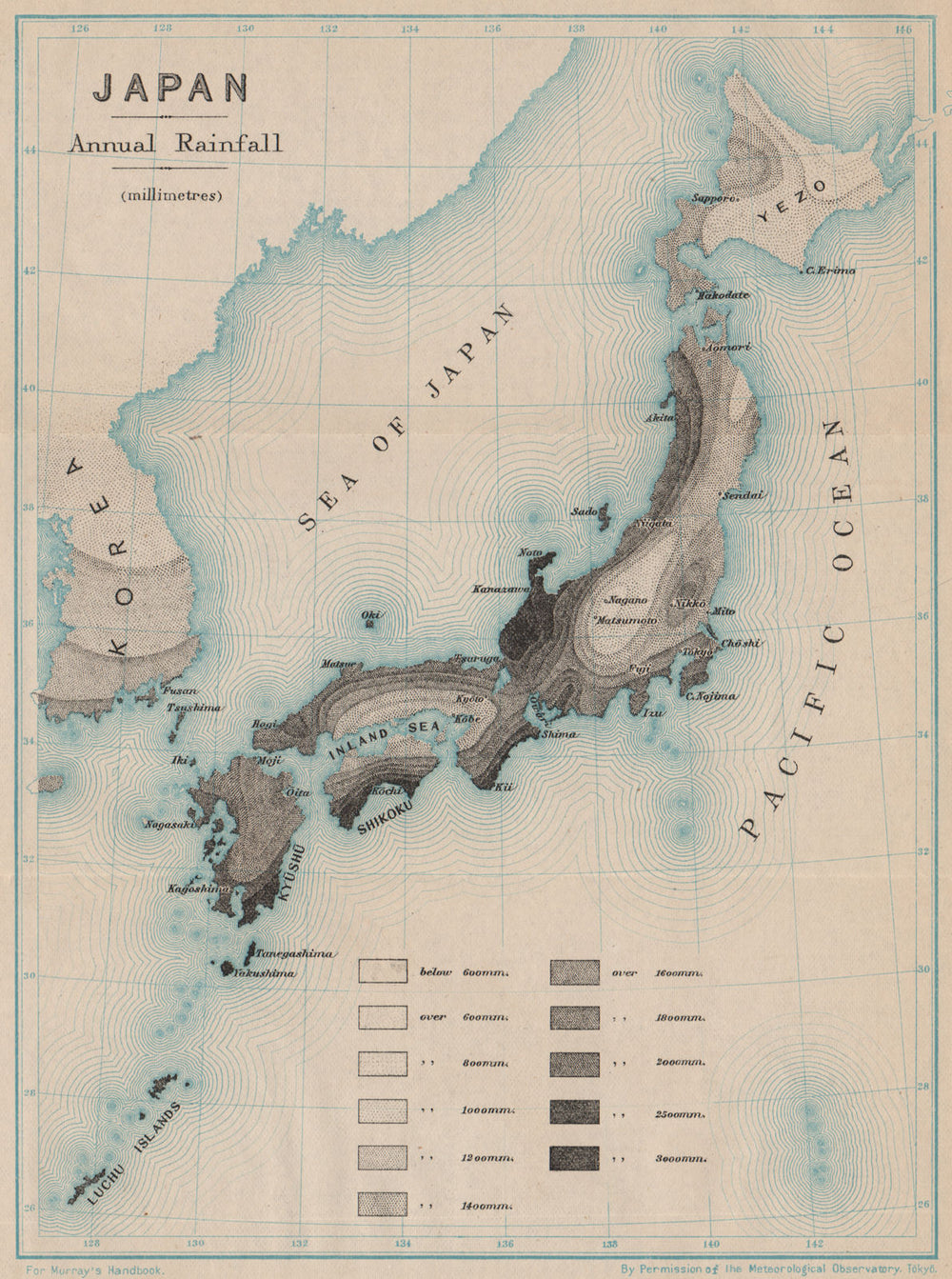 JAPAN. Japan Annual Rainfall. MURRAY 1901 old antique vintage map plan chart