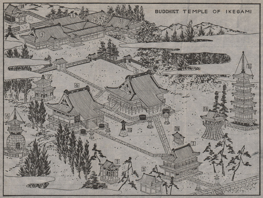 IKEGAMI HONMON-JI. Bird's eye view of the Buddhist temple. MURRAY 1901 old map