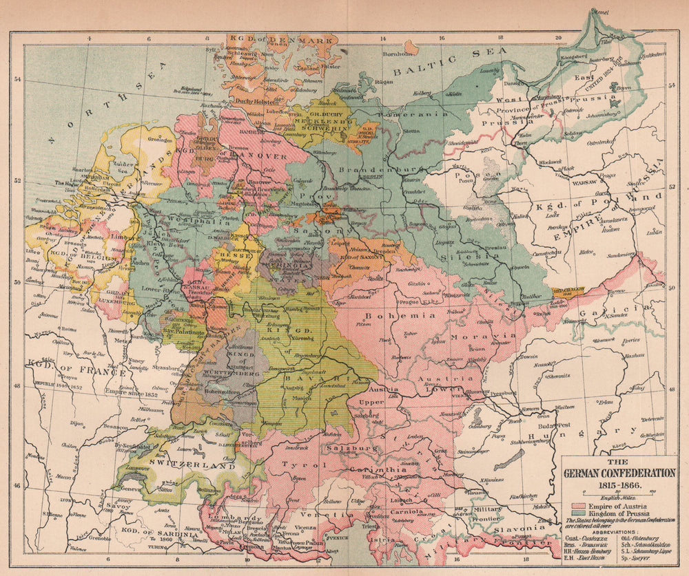 GERMAN CONFEDERATION 1815-1866. Empire of Austria. Kingdom of Prussia 1910 map