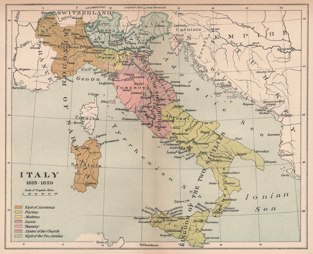 ITALY 1815-1859. Sardinia Parma Two Sicilies Tuscany Papal States Lucca 1910 map