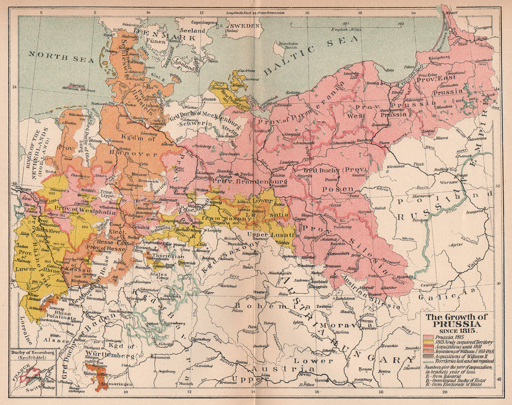 GROWTH OF PRUSSIA FROM 1815. Acquisitions William I II. Losses 1910 old map