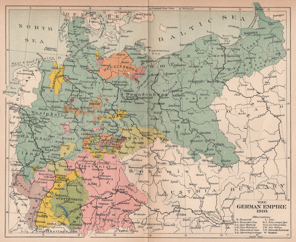 GERMAN EMPIRE 1910. Prussia Bavaria Saxony Baden Wurttemberg 1910 old map