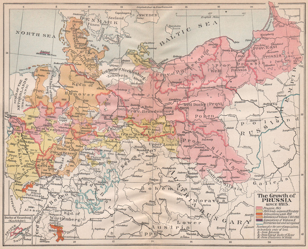 GROWTH OF PRUSSIA FROM 1815. Acquisitions William I II. Losses 1917 old map
