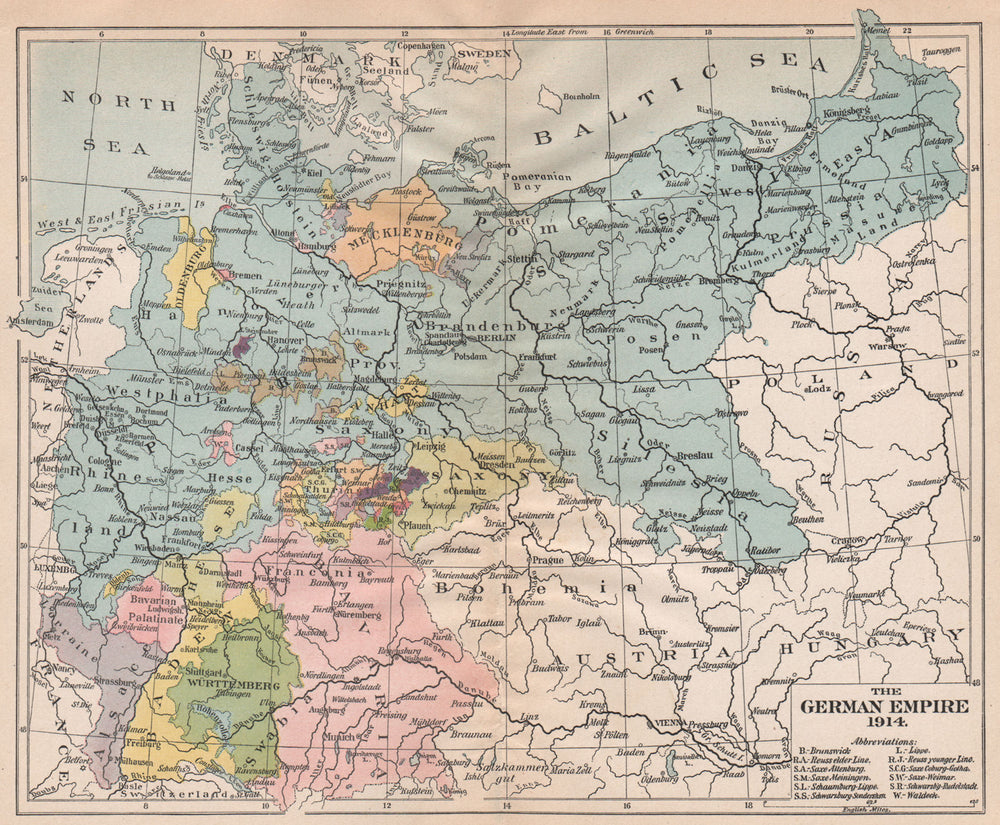 GERMAN EMPIRE 1914. Prussia Bavaria Saxony Baden Wurttemberg 1917 old map