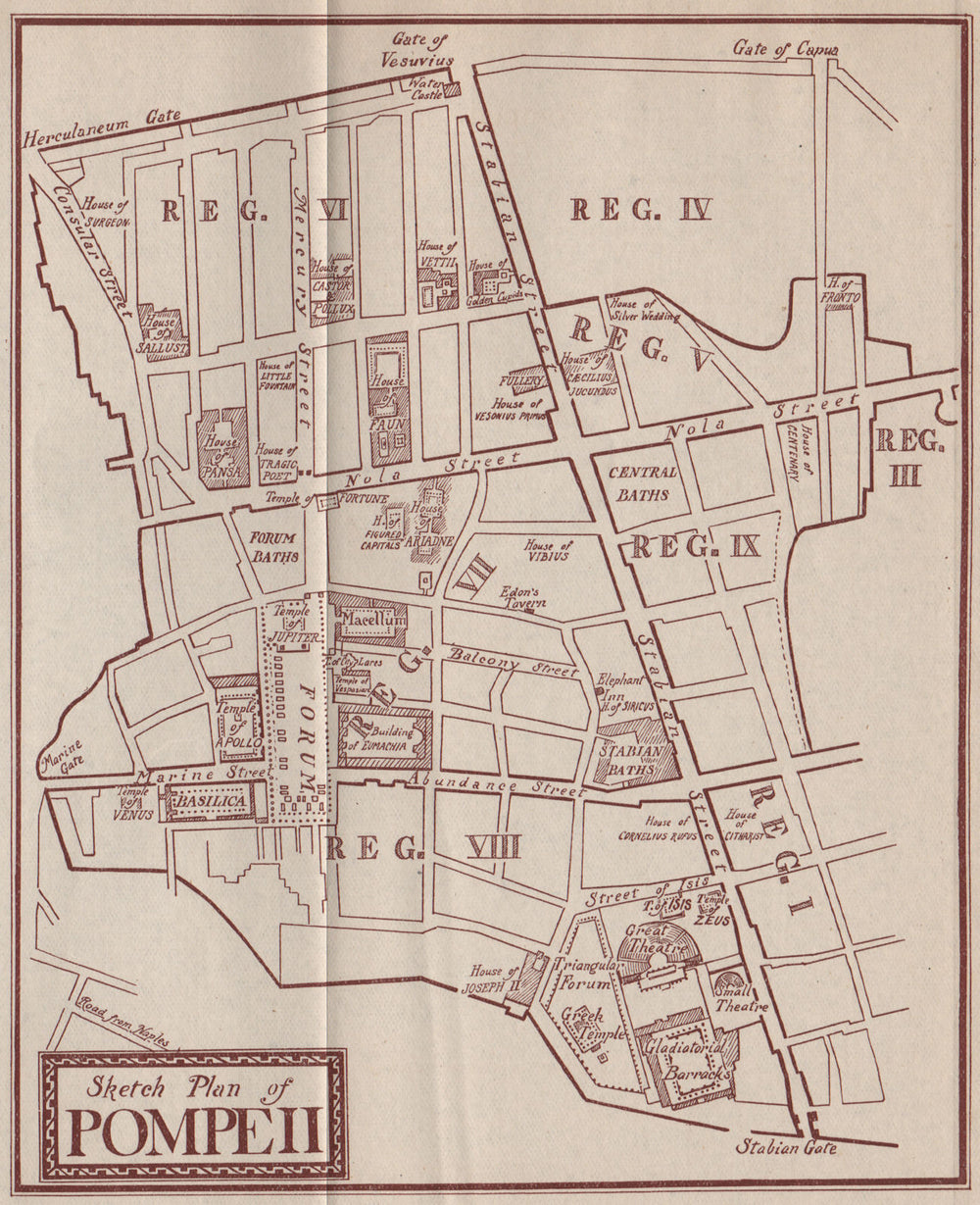 POMPEII. Sketch plan of Pompeii. By Alberto Pisa 1910 old antique map chart