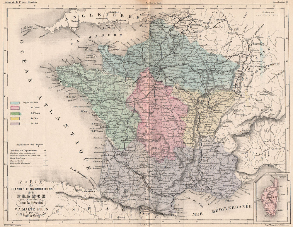 FRANCE. Grandes communications. Railways roads regions. MALTE-BRUN 1852 map