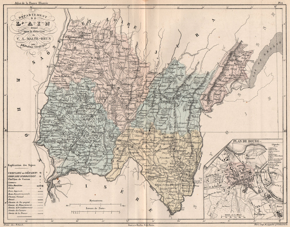 AIN. Carte du département. Plan de Bourg. MALTE-BRUN 1852 old antique map