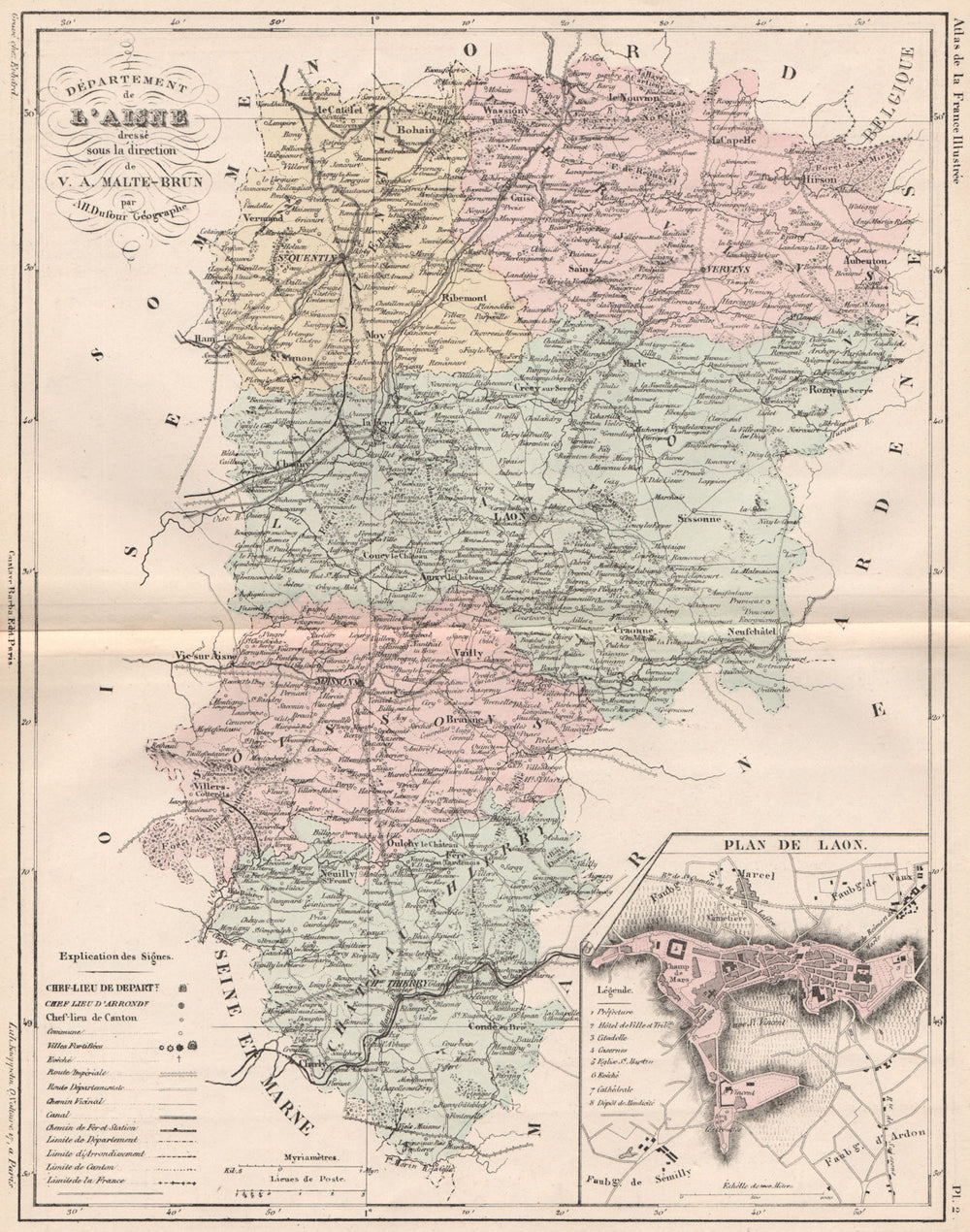 AISNE. Carte du département. Plan de Laon. MALTE-BRUN 1852 old antique map