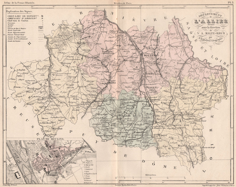 ALLIER. Carte du département. Plan de Moulins. MALTE-BRUN 1852 old antique map
