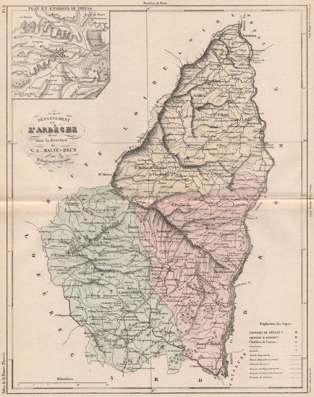 ARDÈCHE. Carte du département. Ardeche. Environs de Privas. MALTE-BRUN 1852 map