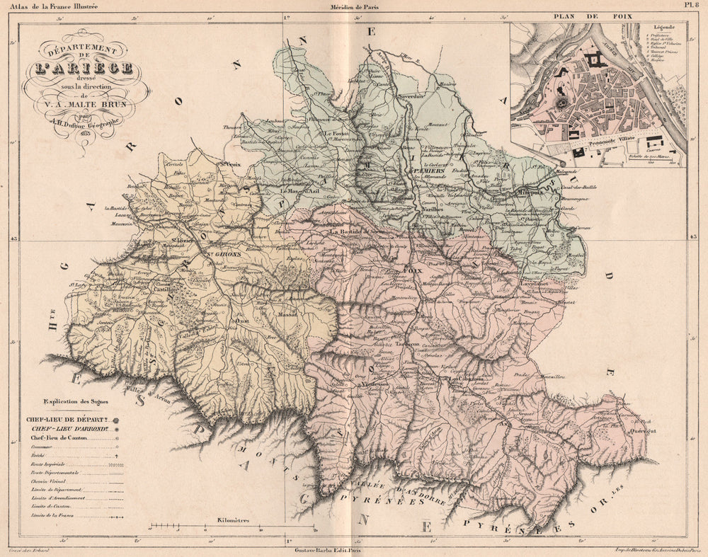 ARIÈGE. Carte du département. Ariege. Plan de Foix. MALTE-BRUN 1852 old map