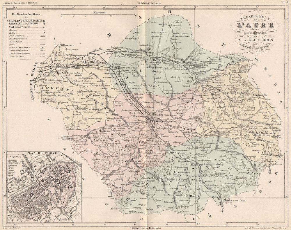 AUBE. Carte du département. Plan de Troyes. MALTE-BRUN 1852 old antique map