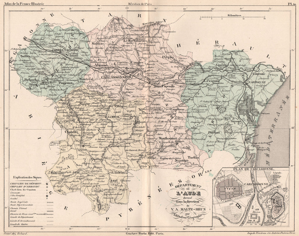AUDE. Carte du département. Plan de Carcassonne. MALTE-BRUN 1852 old map
