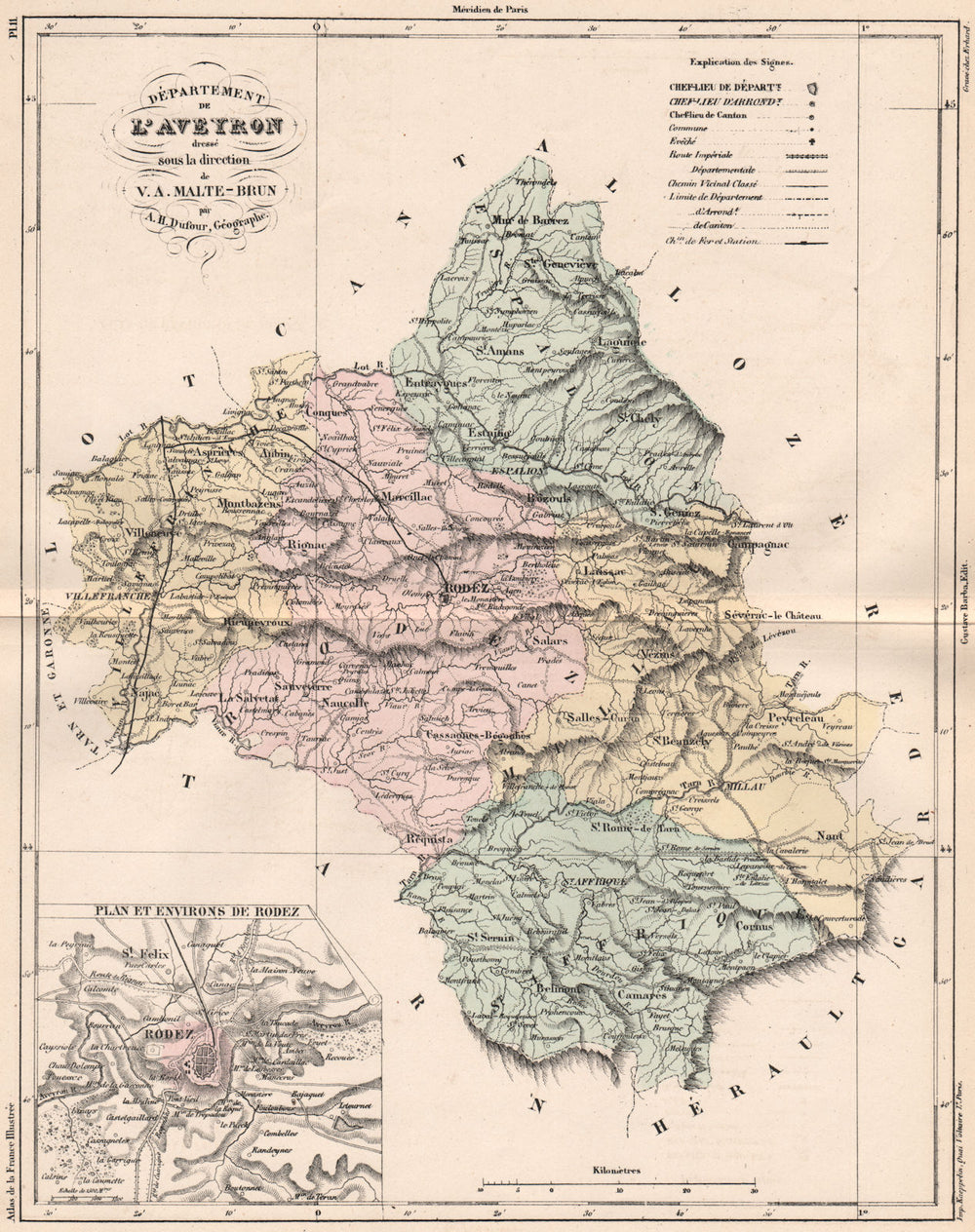 AVEYRON. Carte du département. Plan et environs de Rodez. MALTE-BRUN 1852 map