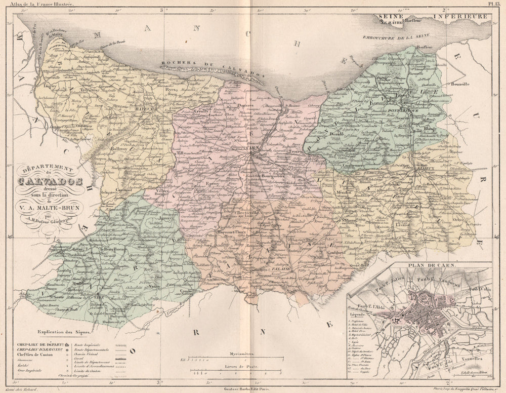 CALVADOS. Carte du département. Plan de Caen. MALTE-BRUN 1852 old antique map