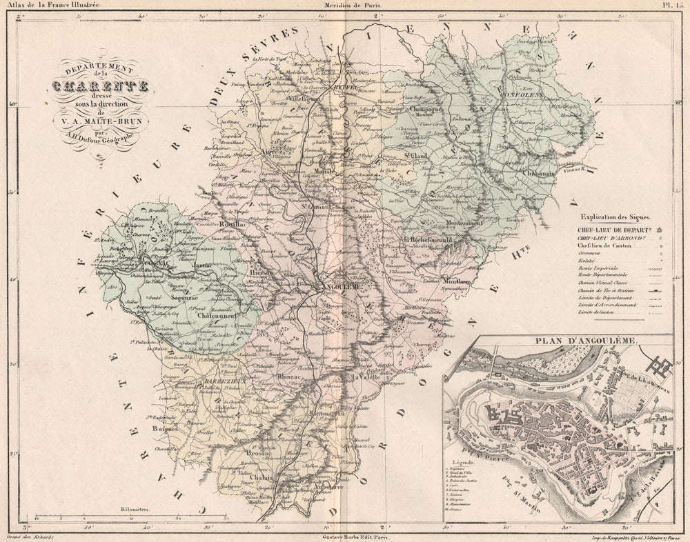 CHARENTE. Carte du département. Plan d'Angoulème. MALTE-BRUN 1852 old map