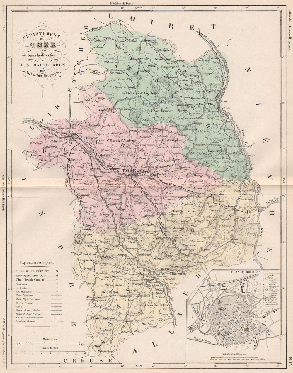 CHER. Carte du département. Plan de Bourges. MALTE-BRUN 1852 old antique map