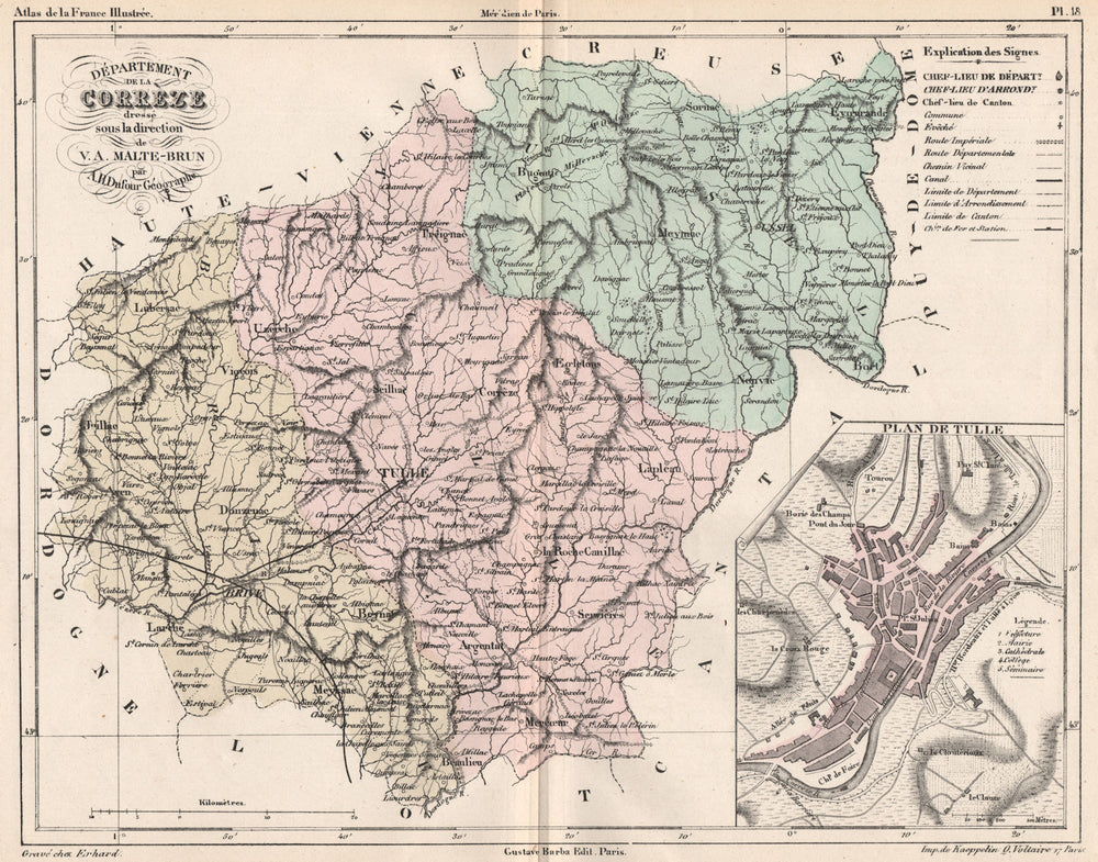 CORRÈZE. Carte du département. Correze. Plan de Tulle. MALTE-BRUN 1852 old map