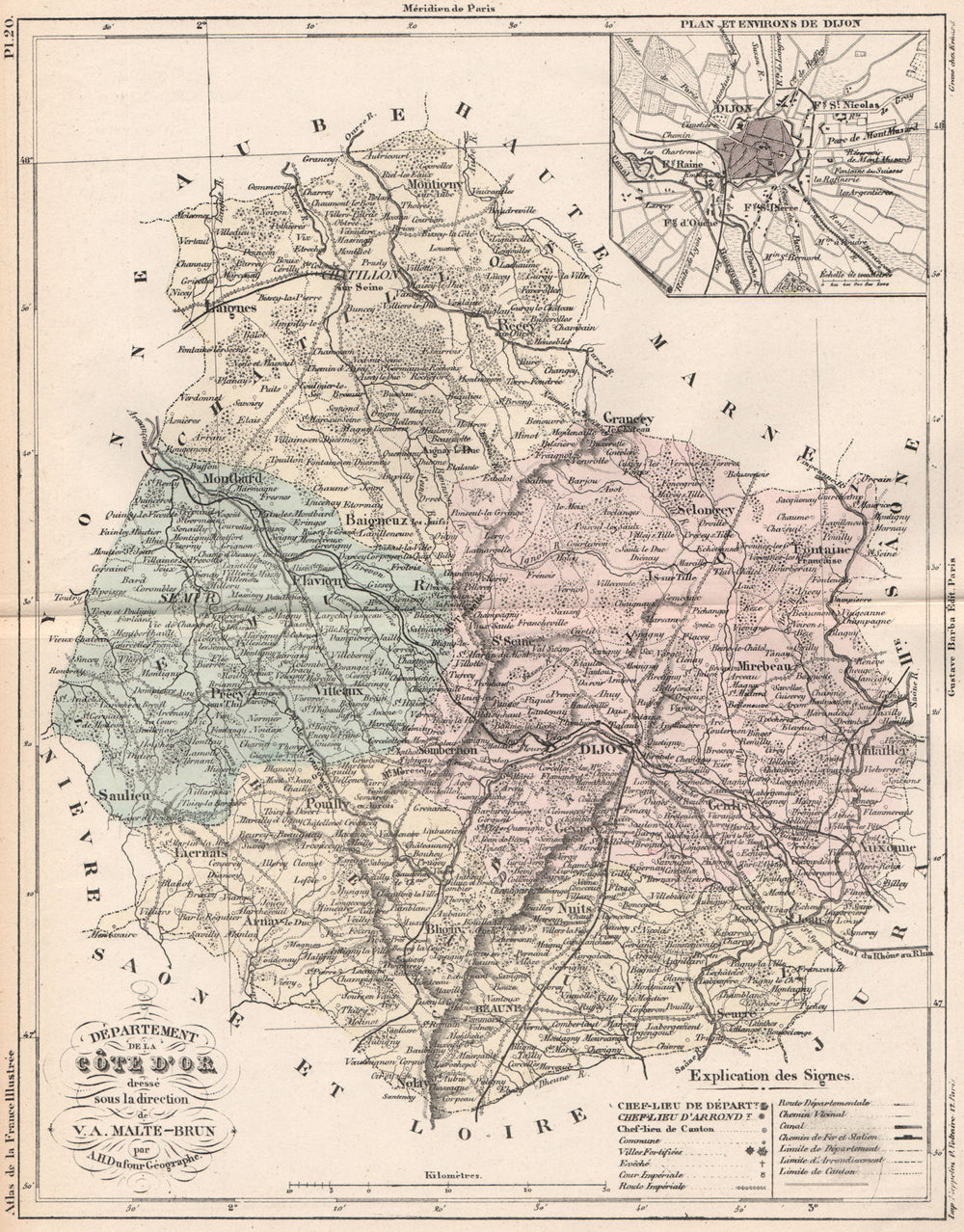 CÔTE-D'OR. Carte du département. Cote d'Or. Plan de Dijon. MALTE-BRUN 1852 map