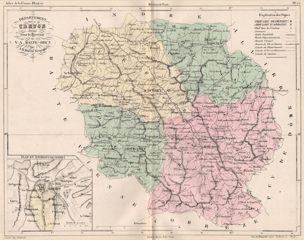 CREUSE. Carte du département. Plan et Environs de Guéret. MALTE-BRUN 1852 map