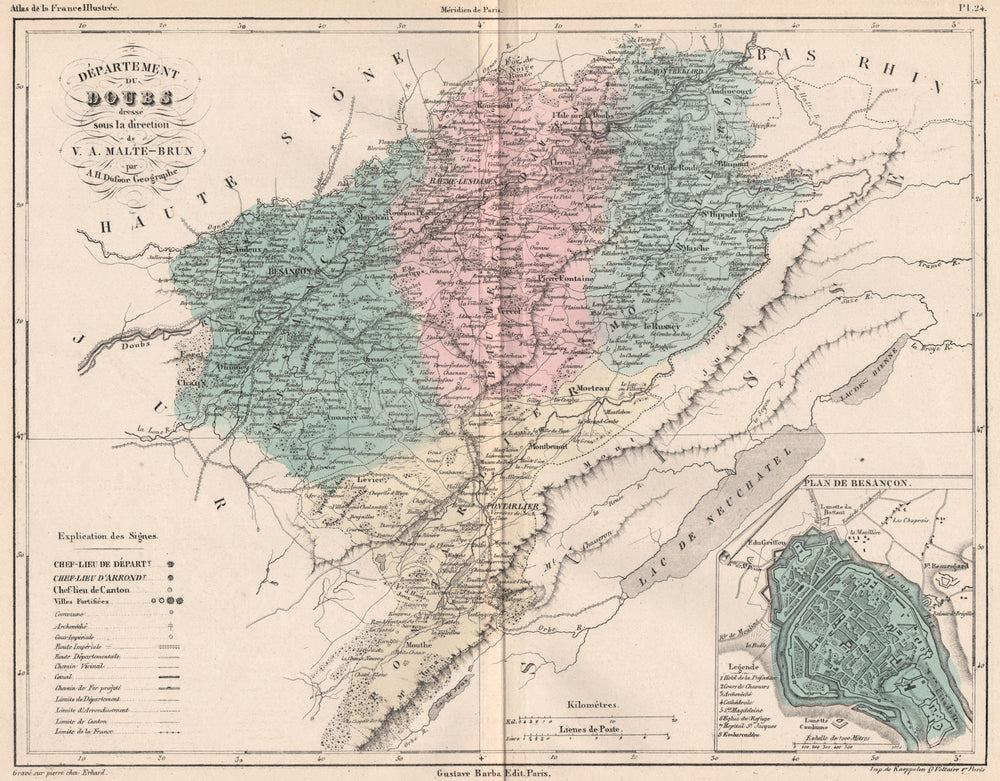 DOUBS. Carte du département. Plan de Besancon. MALTE-BRUN 1852 old antique map