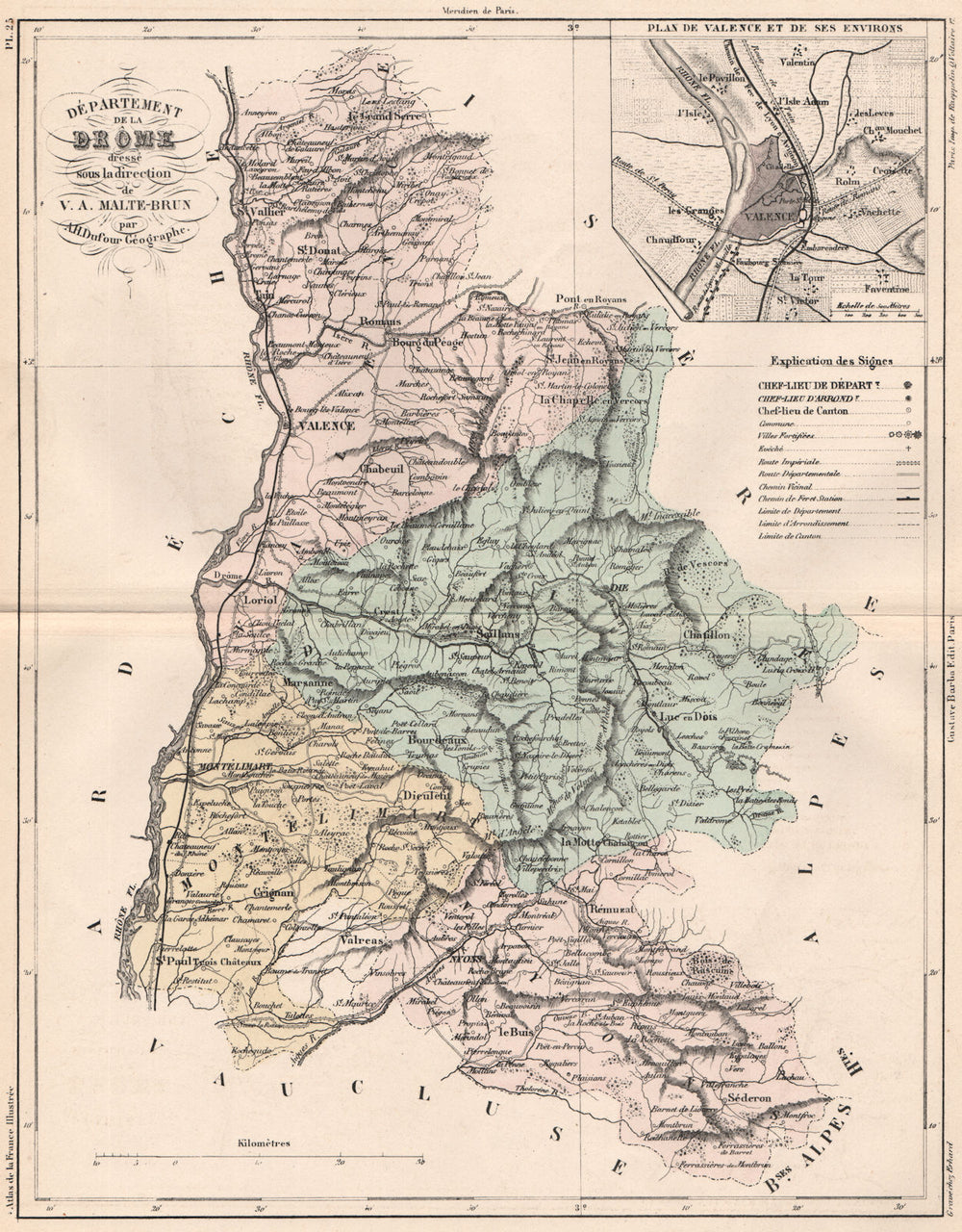 DRÔME.Carte du département.Drome.Plan de Valence & environs.MALTE-BRUN 1852 map