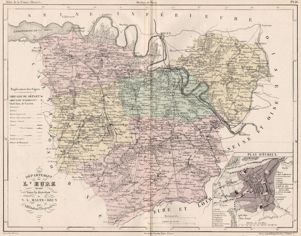EURE. Carte du département. Plan d'Évreux. MALTE-BRUN 1852 old antique map