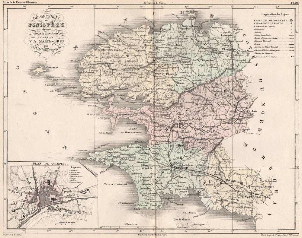 FINISTÈRE. Carte du département. Finistere. Plan de Quimper.MALTE-BRUN 1852 map