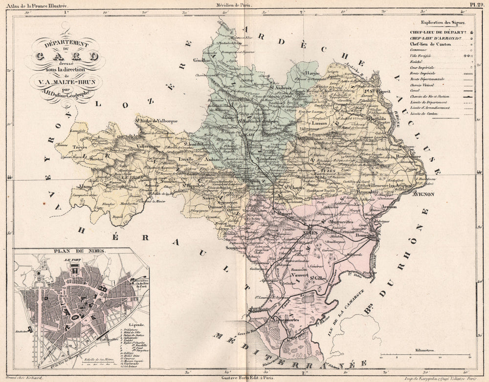 GARD. Carte du département. Plan de Nimes. MALTE-BRUN 1852 old antique map