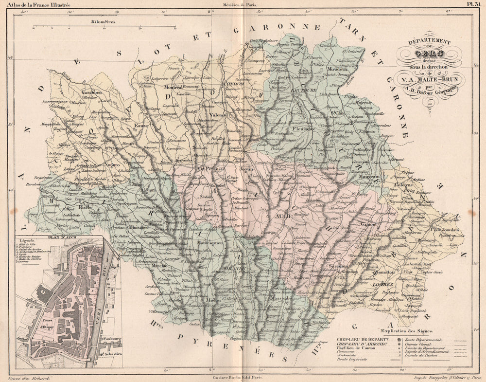 GERS. Carte du département. Plan d'Auch. MALTE-BRUN 1852 old antique map chart