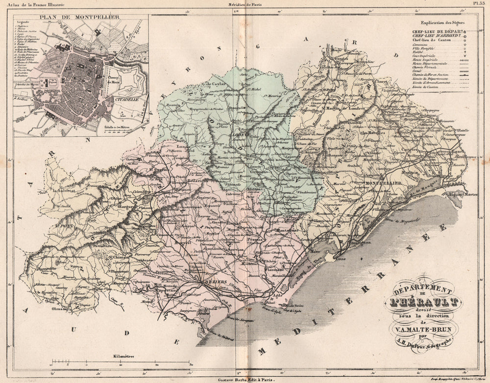 HÉRAULT. Carte du département. Herault. Plan de Montpellier.MALTE-BRUN 1852 map