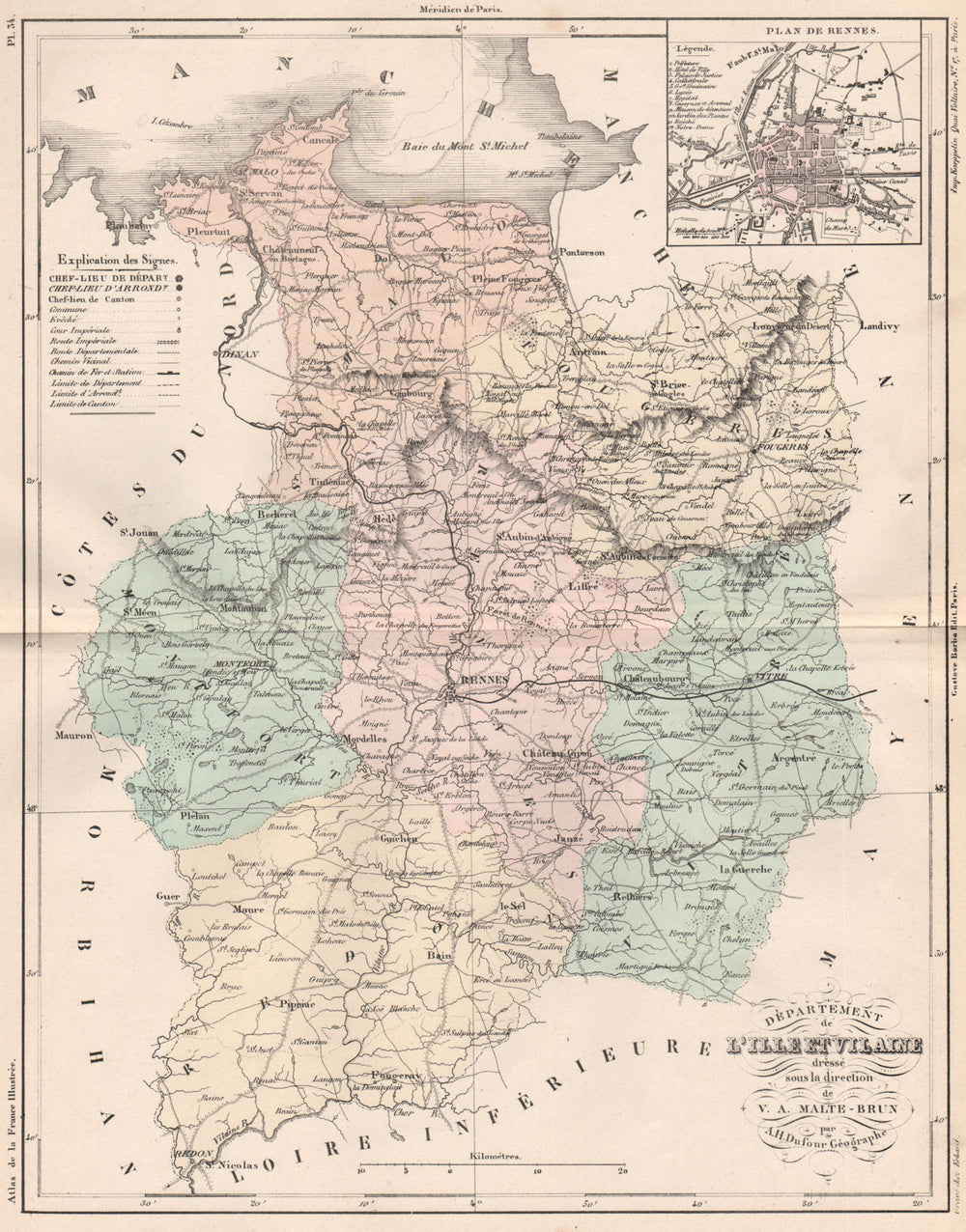 ILLE-ET-VILAINE. Carte du département. Plan de Rennes. MALTE-BRUN 1852 old map
