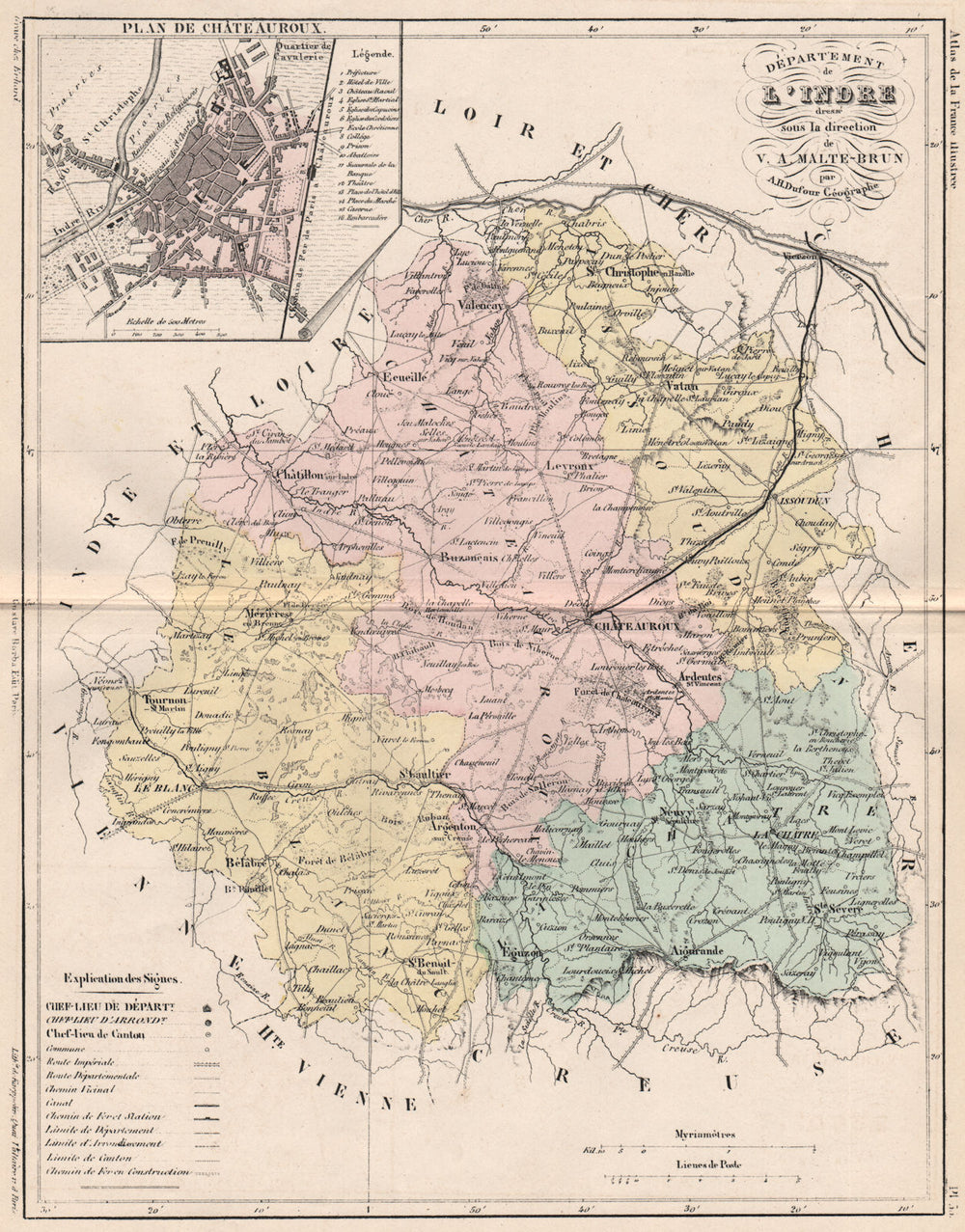 INDRE. Carte du département. Plan de Châteauroux. MALTE-BRUN 1852 old map