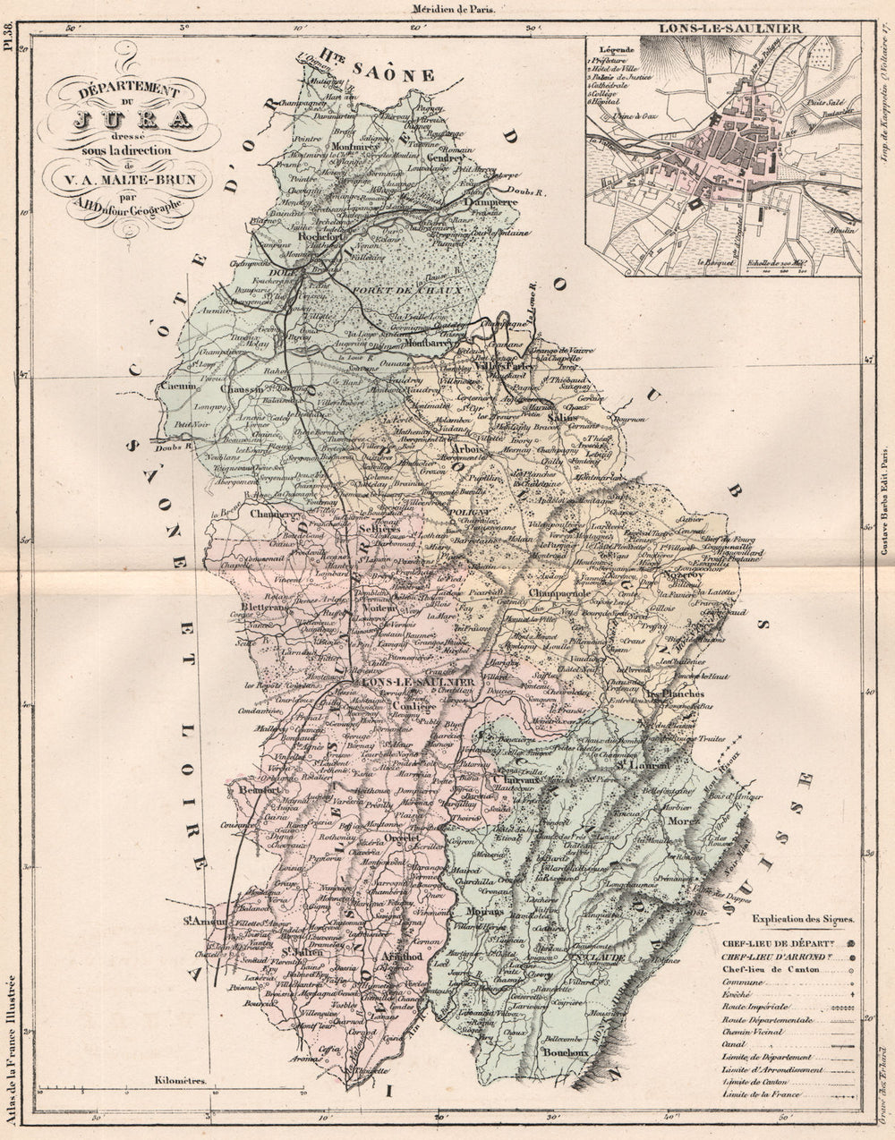 JURA. Carte du département. Lons-le-Saulnier. MALTE-BRUN 1852 old antique map