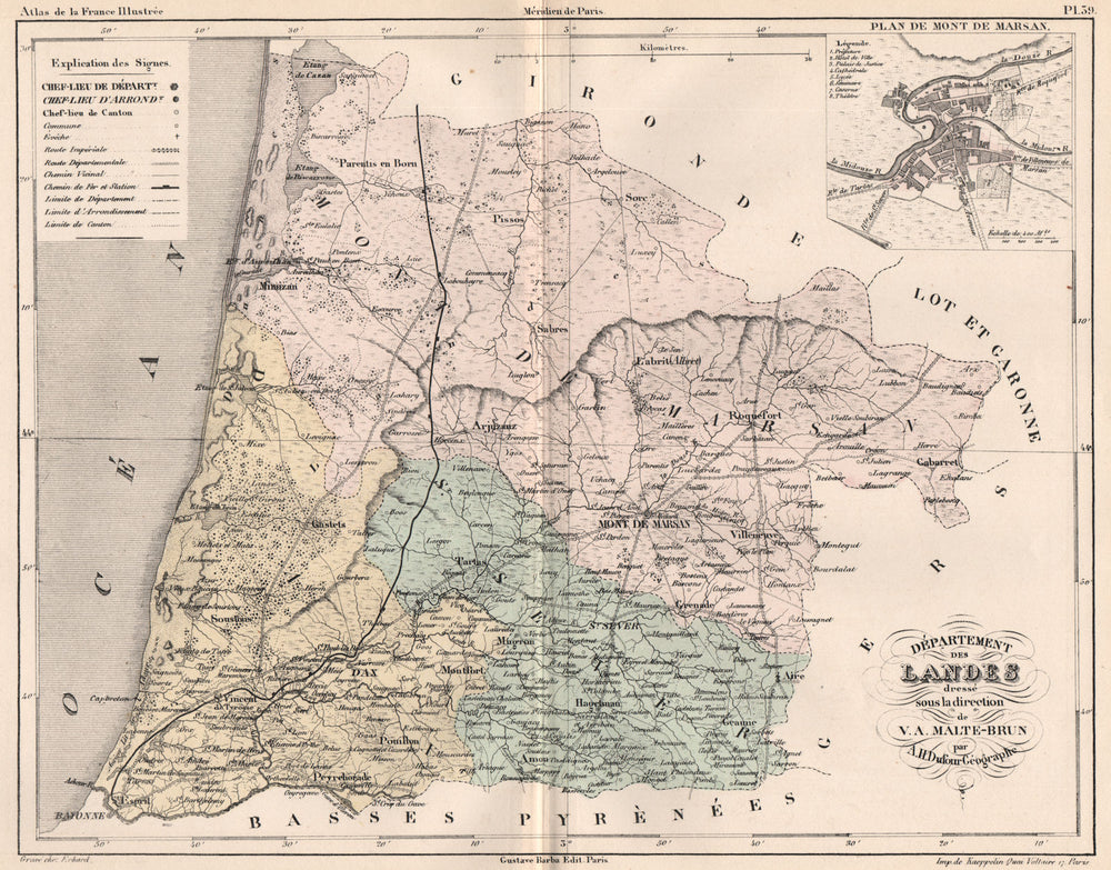 LANDES. Carte du département. Plan de Mont de Marsan. MALTE-BRUN 1852 old map