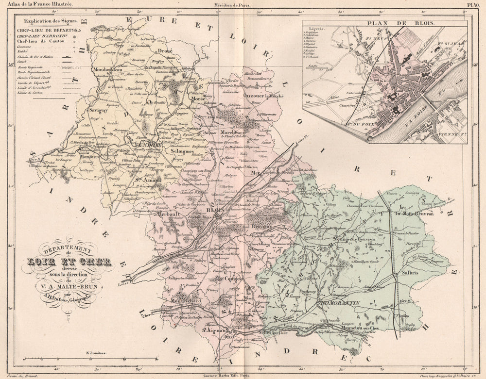 LOIR-ET-CHER. Carte du département. Plan de Blois. MALTE-BRUN 1852 old map