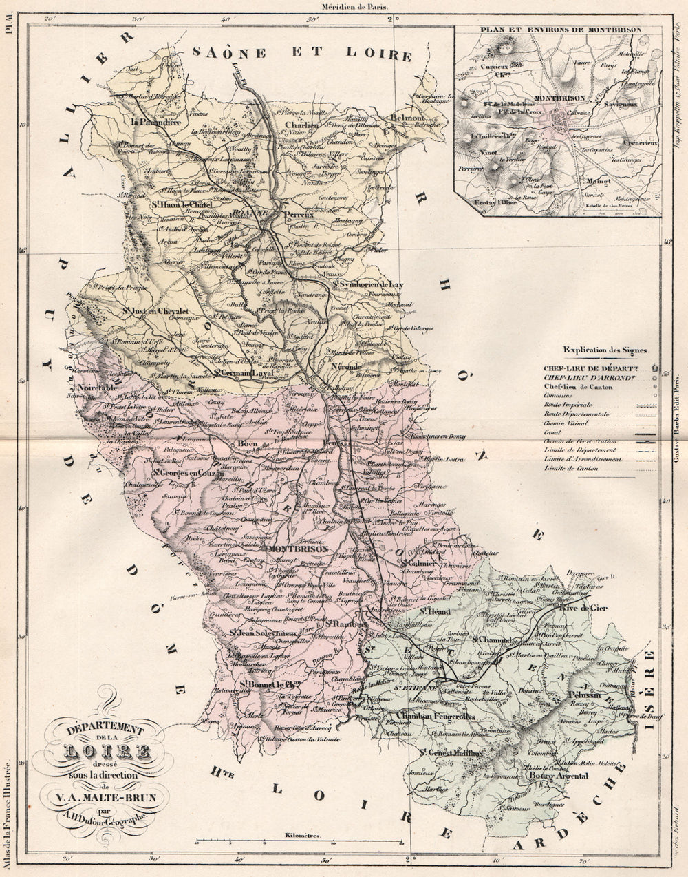 LOIRE. Carte du département. Plan et Environs de Montbrison.MALTE-BRUN 1852 map